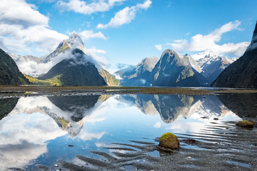 Milford Sound mountains reflected in water, New Zealand
