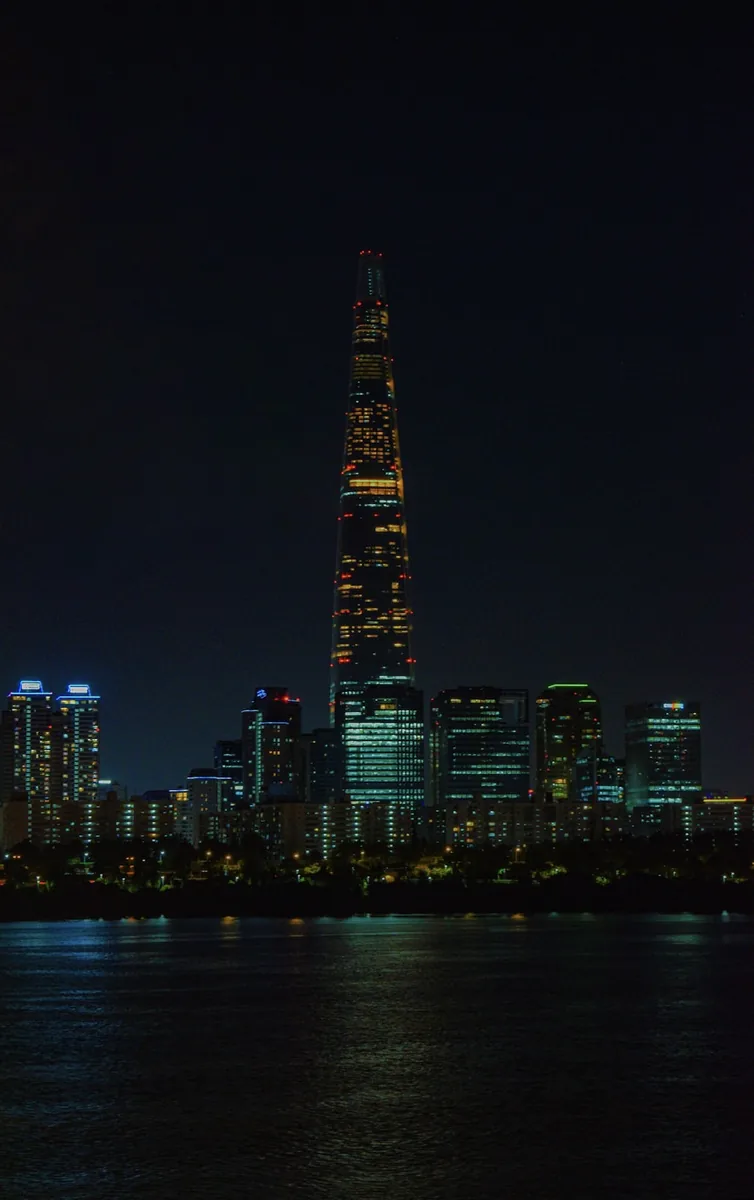Lotte World Tower lit up at night, Seoul, South Korea