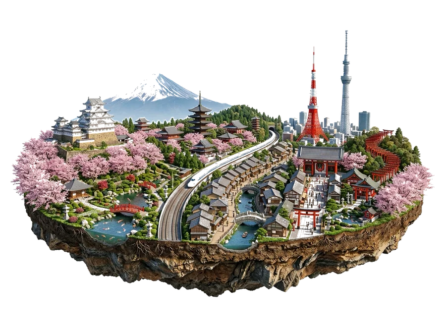 Japan — floating island with landmarks
