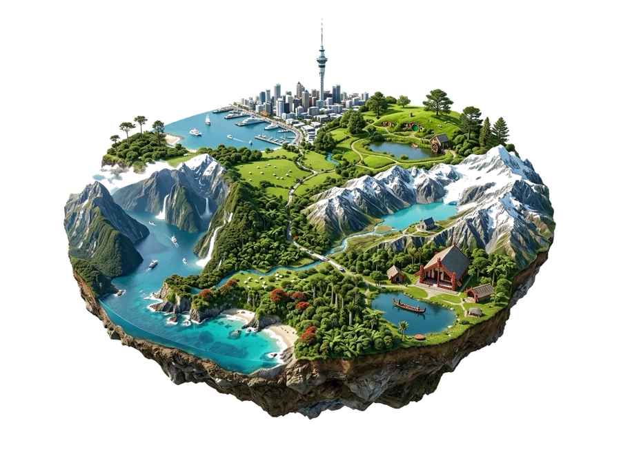 New Zealand — floating island with landmarks