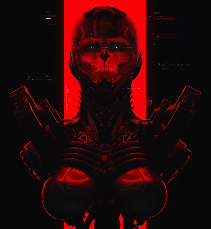 Biomechanical armor portrait with red HUD overlays